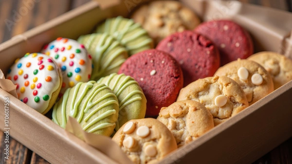 Obraz Delicious assortment of colorful cookies in box, featuring sprinkles, green icing, red velvet, and classic chocolate chip
