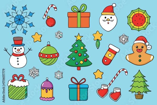 Fototapeta Vector art of a collection of festive christmas icons including santa, snowman, gifts, and trees on a blue background