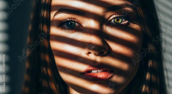 Fototapeta Woman's face with heterochromia eyes partially covered by window blind shadows