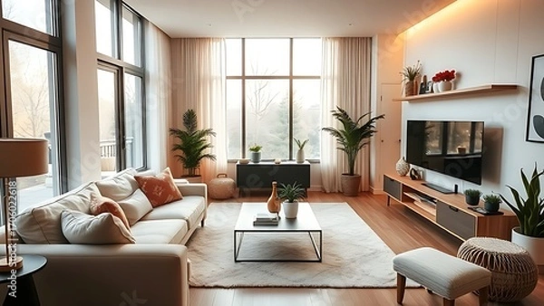 Fototapeta Modern living room with minimalist decor and warm lighting, creating a cozy and inviting home atmosphere.