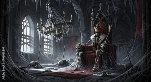 Obraz A crowned skeletal king on a decaying throne dominates a desolate, cobweb-filled gothic castle hall, an eerie vision of dark fantasy and forgotten medieval power