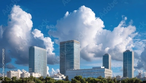 Obraz City skyline under a vibrant blue sky filled with puffy white clouds