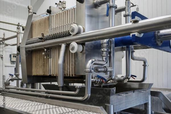 Fototapeta Steel pipelines, tubes and tanks at brewery. Close up of beer production filters