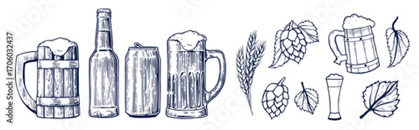 Fototapeta Beer brewery icons collection. Glasses, bottle, barrel hand drawn elements for pub, bar menu. Vector sketch illustration