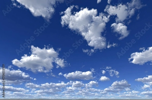 Fototapeta Low angle shot of fluffy, white cumulus clouds dotting a vibrant blue sky on a sunny day with a faint horizon line