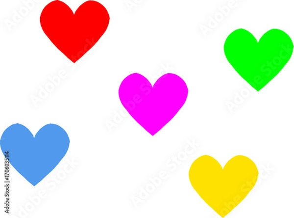 Fototapeta Vector set of hand-drawn hearts in red, pink, green, yellow, and blue, symbolizing love, friendship, and colorful design. Isolated on a transparent background