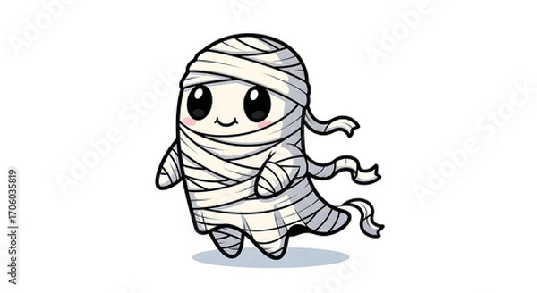Obraz Adorable cartoon mummy character with a sweet smile and playful bandaged appearance, perfect for fun Halloween illustrations, cute spooky themes, or charming graphic designs