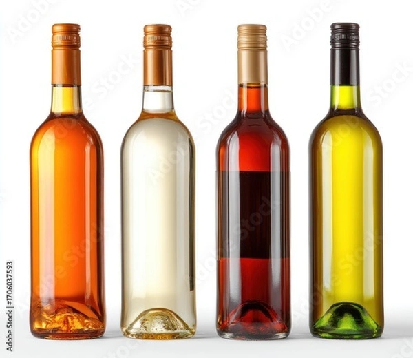 Fototapeta Four tall, slender glass bottles filled with clear, colorful liquids (orange, white, amber, yellow) stand against a clean white background in studio lighting