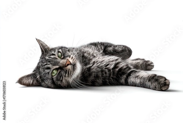 Fototapeta A silver tabby cat, captured against a bright white backdrop, playfully lies on its side, paws curled, with its green eyes gazing