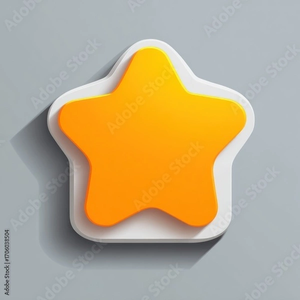 Fototapeta A 3D render of a bright yellow star shape over a white, rounded square platform casting a soft shadow on a light gray background