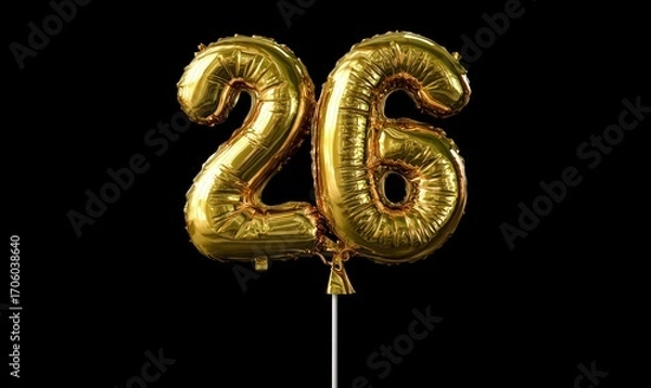 Fototapeta Golden number '26' foil balloons on a stick, centered against a stark black background. Festive, shiny, and celebratory