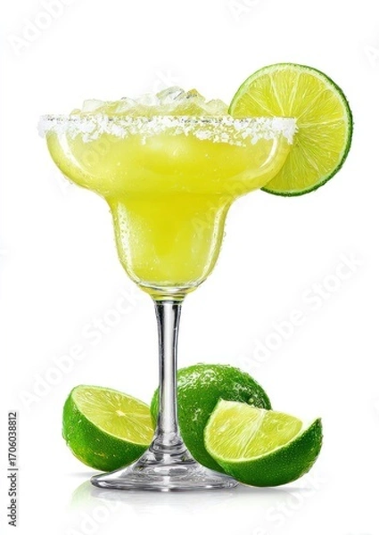 Fototapeta A vibrant yellow margarita cocktail in a salted glass garnished with a lime slice, accompanied by halved limes, set against a white backdrop