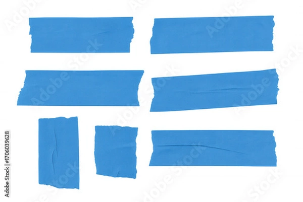 Fototapeta Realistic blue adhesive tape strips with torn edges, displaying wrinkled texture against transparent backdrop, suitable for graphic design needs