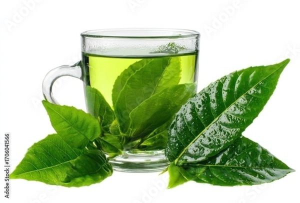 Fototapeta Clear mug filled with green tea, surrounded by lush green leaves. Bright, clean, healthy beverage presentation