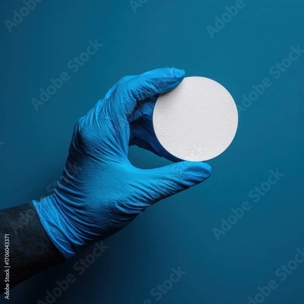 Fototapeta Hand in a blue surgical glove holds a white circle against a deep blue background, under crisp lighting. Close-up shot showcases contrast and cleanliness
