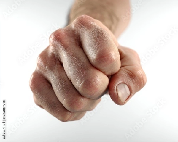 Fototapeta A close-up shot showcases a person's fist, clenched tight with visible knuckles, set against a clean, white background
