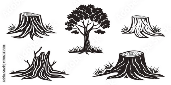 Obraz Monochrome Forest Depiction of Tree Stumps and Single Tree Silhouette
