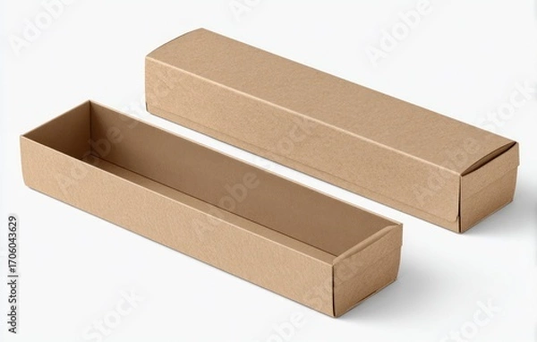 Fototapeta Two elongated, light brown cardboard boxes, one open revealing its hollow interior, on a white background, casting soft shadows
