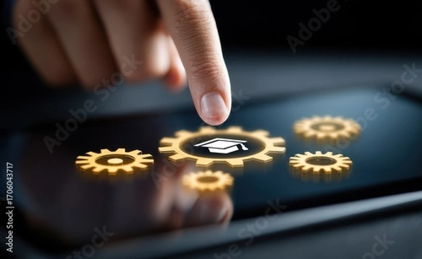 Fototapeta Finger touches a tablet displaying gears with a graduation cap. Shiny reflection on tablet screen. Soft focus. Macro shot