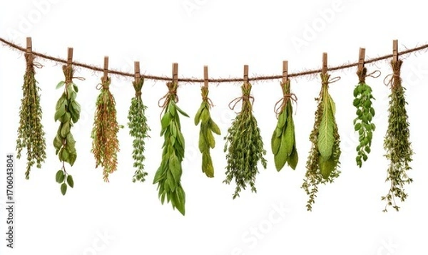 Fototapeta Various tied herbs hanging from a string with wooden clothespins, isolated against a bright white background