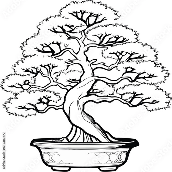 Obraz Artistic Bonsai Tree Illustration of a Small Tree in a Pot Detailed Black and White Sketch