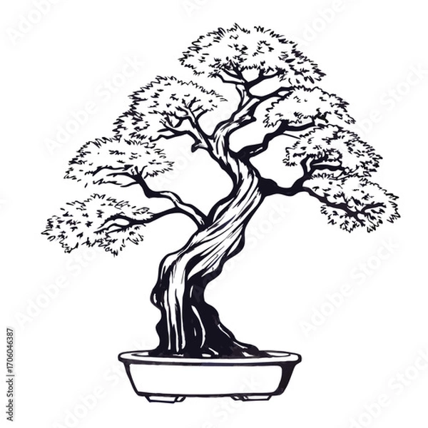 Obraz Detailed Line Drawing of a Japanese Bonsai Tree in Pot