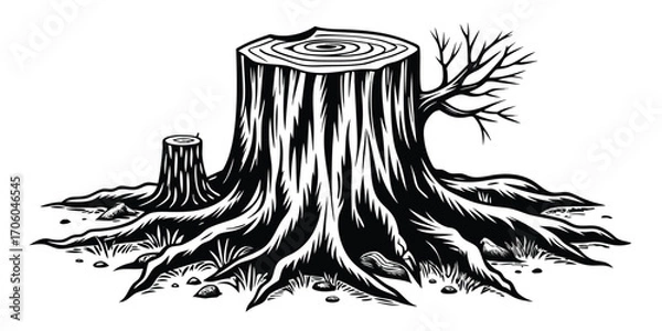 Obraz Striking Black and White Woodcut of a Tree Stump with Exposed Roots