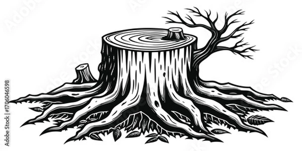 Obraz Detailed Woodcut Style Tree Stump Illustration Depicting Nature and Decay