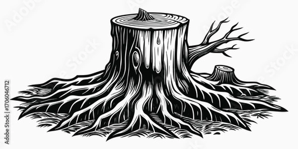 Obraz Monochrome Tree Stump Illustration with Roots and a Small Tree Next To it