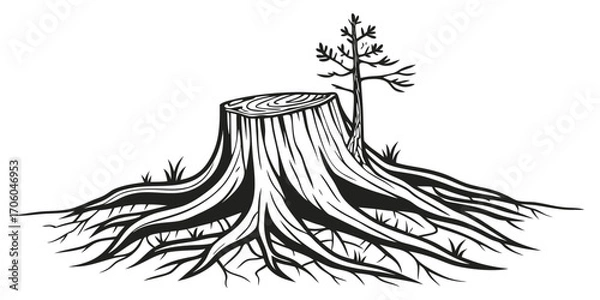 Obraz Detailed Tree Stump with Roots and Sapling Black and White Vector Illustration