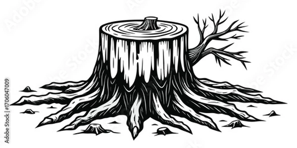 Obraz Stylized Woodcut Illustration of a Tree Stump with Bare Branch and Root Outgrowths