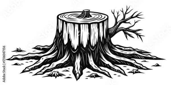 Obraz Monochrome Tree Stump with Bare Branch and Root System Hand Drawn Illustration