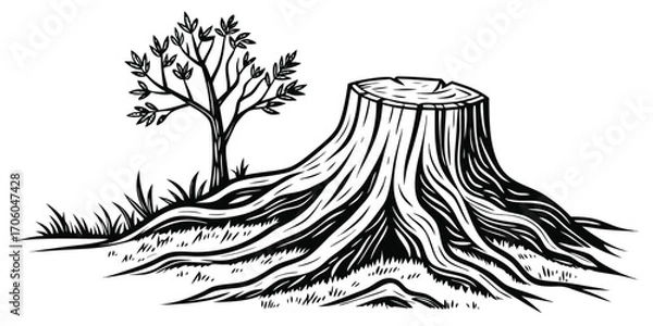 Obraz Woodcut Style Illustration of a Tree Stump and a Small Tree with Leaves