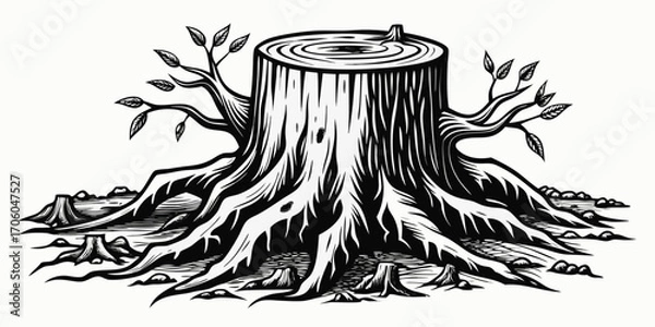 Obraz Detailed Black and White Woodcut Illustration of a Tree Stump with Roots and Branches