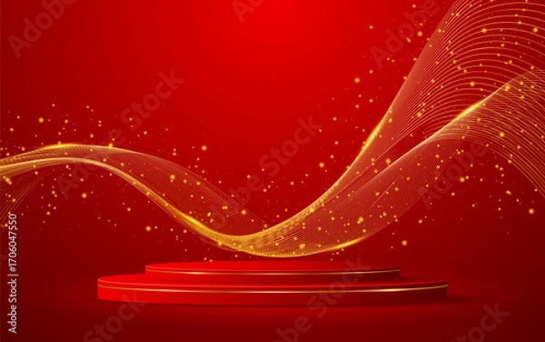 Fototapeta Red podium with elegant gold wave lines on the back for advertisement display. Display of cosmetic products. Stage or podium. vector illustration	