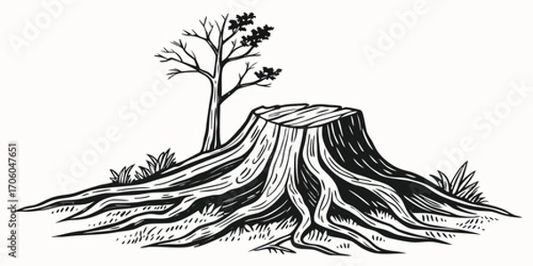 Obraz Detailed Woodcut Style Image of Tree Stump and Sapling a Study in Contrasts