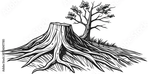 Obraz Monochrome Illustration of a Tree Stump with Roots and a Small Tree on a White Background