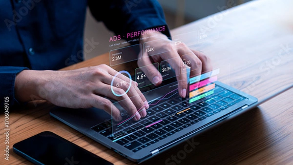 Fototapeta ads performance dashboard showing impressions, clicks, revenue and cost metrics for online marketing, data analysis, campaign optimization and business growth strategy