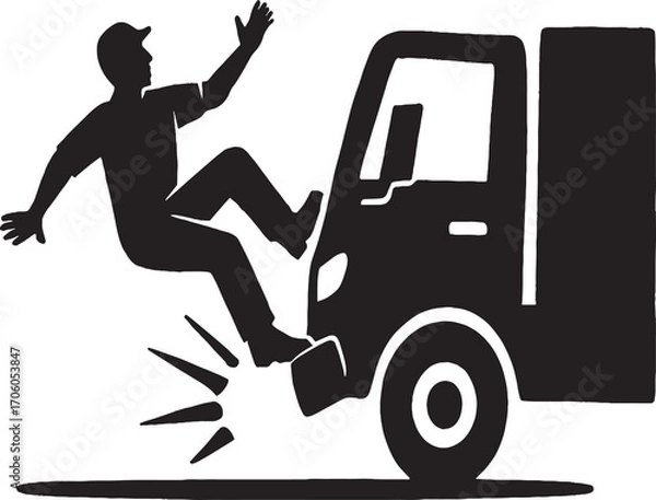 Obraz A black-and-white silhouette illustration showing a person being struck by a truck. The individual is airborne, with one leg raised and arms flailing, while the truck’s front bumper makes contact with