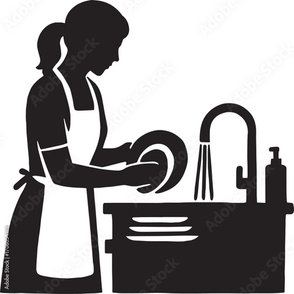 Fototapeta A black-and-white silhouette illustration showing a person wearing an apron and washing a plate under running water at a kitchen sink. Additional plates are stacked on the counter, and a soap dispense
