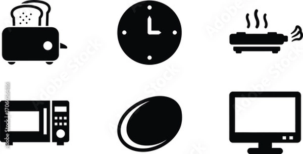 Obraz Collection of Kitchen Appliances Icons Featuring Toaster, Clock, Grill, Egg and TV