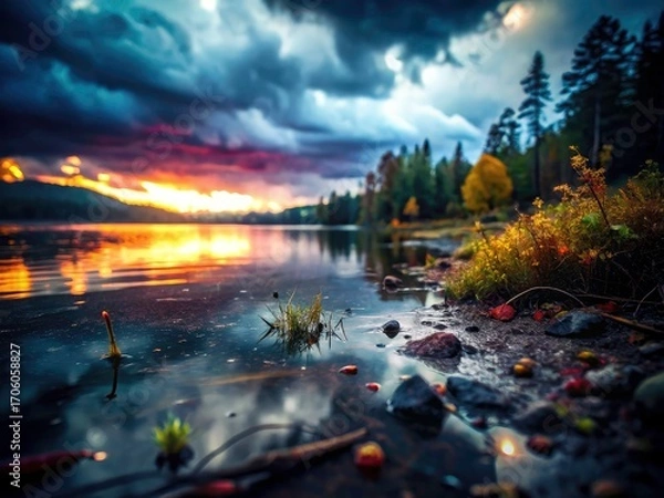 Fototapeta Macro Lake Shore Photography: Cloudy Evening, Windy Ripples, Forest Reflection