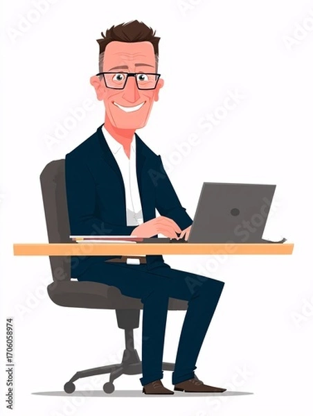 Fototapeta illustration of a happy, confident middle-aged businessman sitting at a modern office desk. He is wearing glasses and smiling as he looks at his laptop screen. The scene conveys a sense of success, 