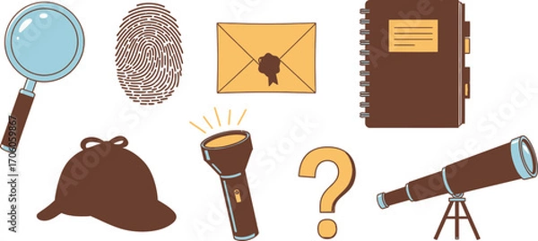 Fototapeta Detective Elements Magnifying Glass, Fingerprint, Flashlight, Hat and Telescope