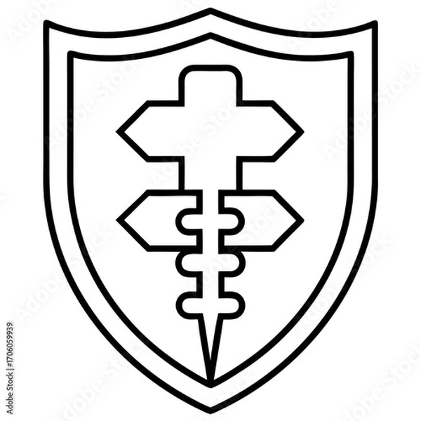 Fototapeta Shield with travel directions and location symbol offering wayfinding and exploration graphic design element