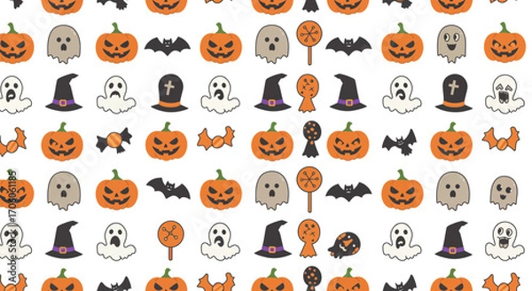 Fototapeta Spooky Halloween pattern with pumpkins, ghosts, bats, and candy for festive designs