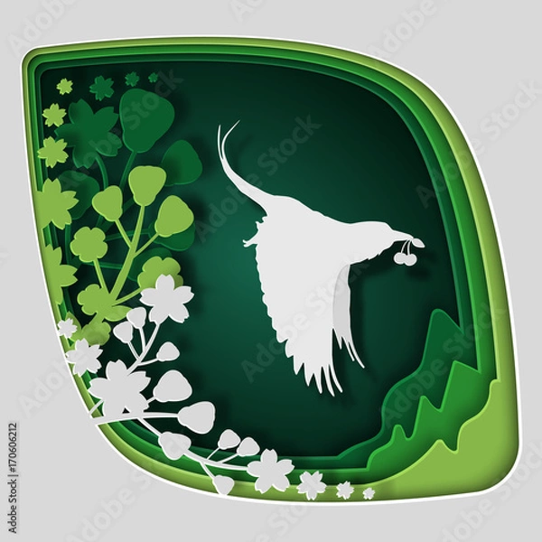 Fototapeta Paper art carve to bird on tree branch in forest at night, origami concept nature and animals idea, vector art and illustration.