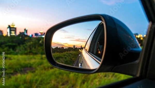 Fototapeta A view of a sunset over a city reflected in a car's side mirror, showcasing a tranquil road scene.