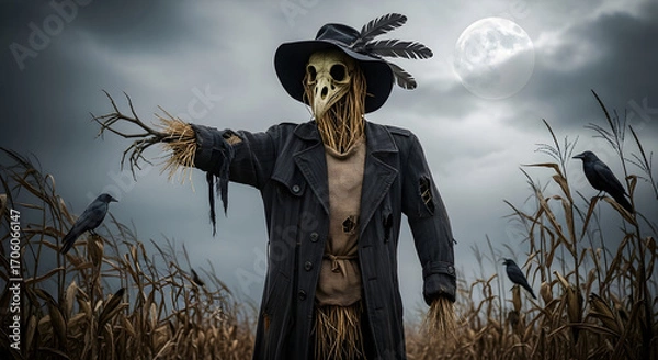 Obraz Spooky scarecrow with crow companions stands guard in a moonlit cornfield, evoking an eerie atmosphere for Halloween or horror themes