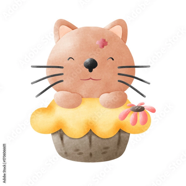Obraz Orange cat and yellow cupcake